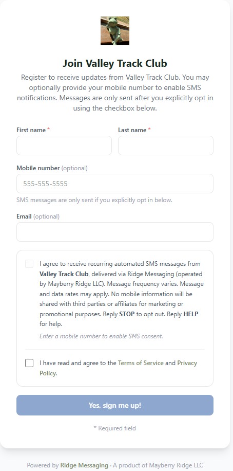 Ridge Messaging member opt-in form showing unchecked consent checkbox with TCPA disclosure language
